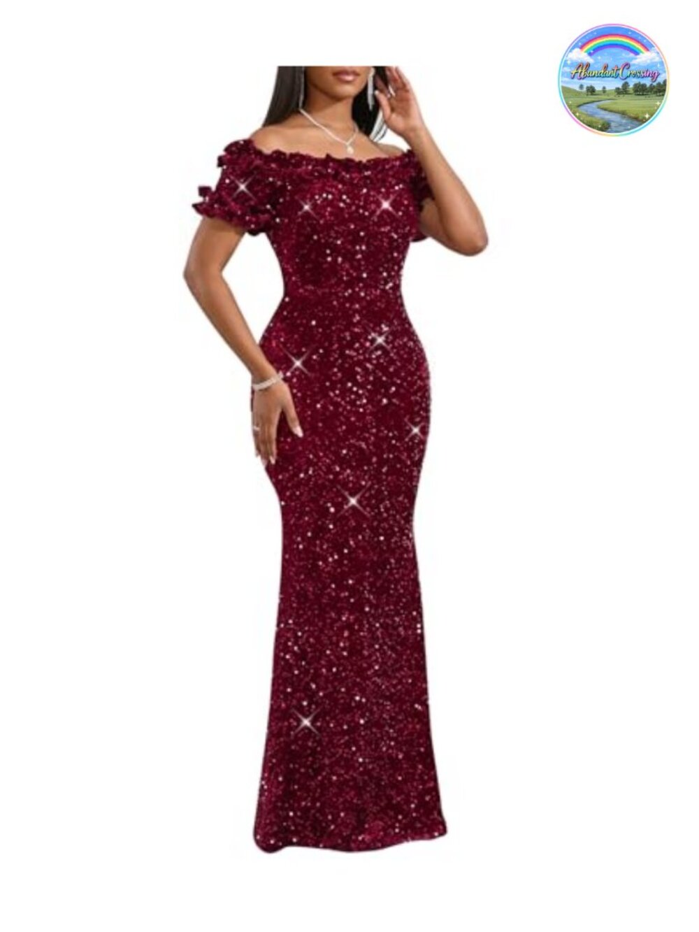 Sequin Off Shoulder Ruffle Sleeve Bodycon Mermaid Maxi Formal Evening Dress